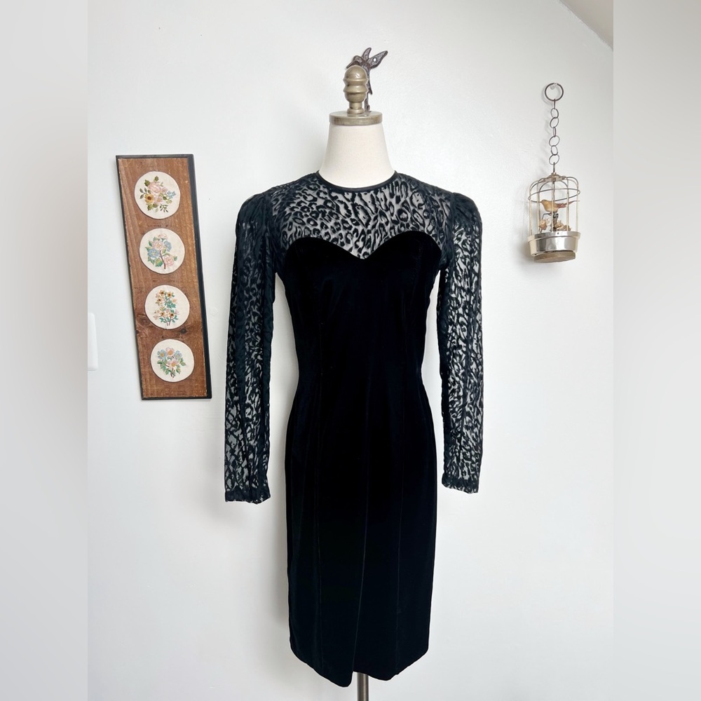 Vintage Black Velvet Party Dress with Sheer Leopard Print Detail Small